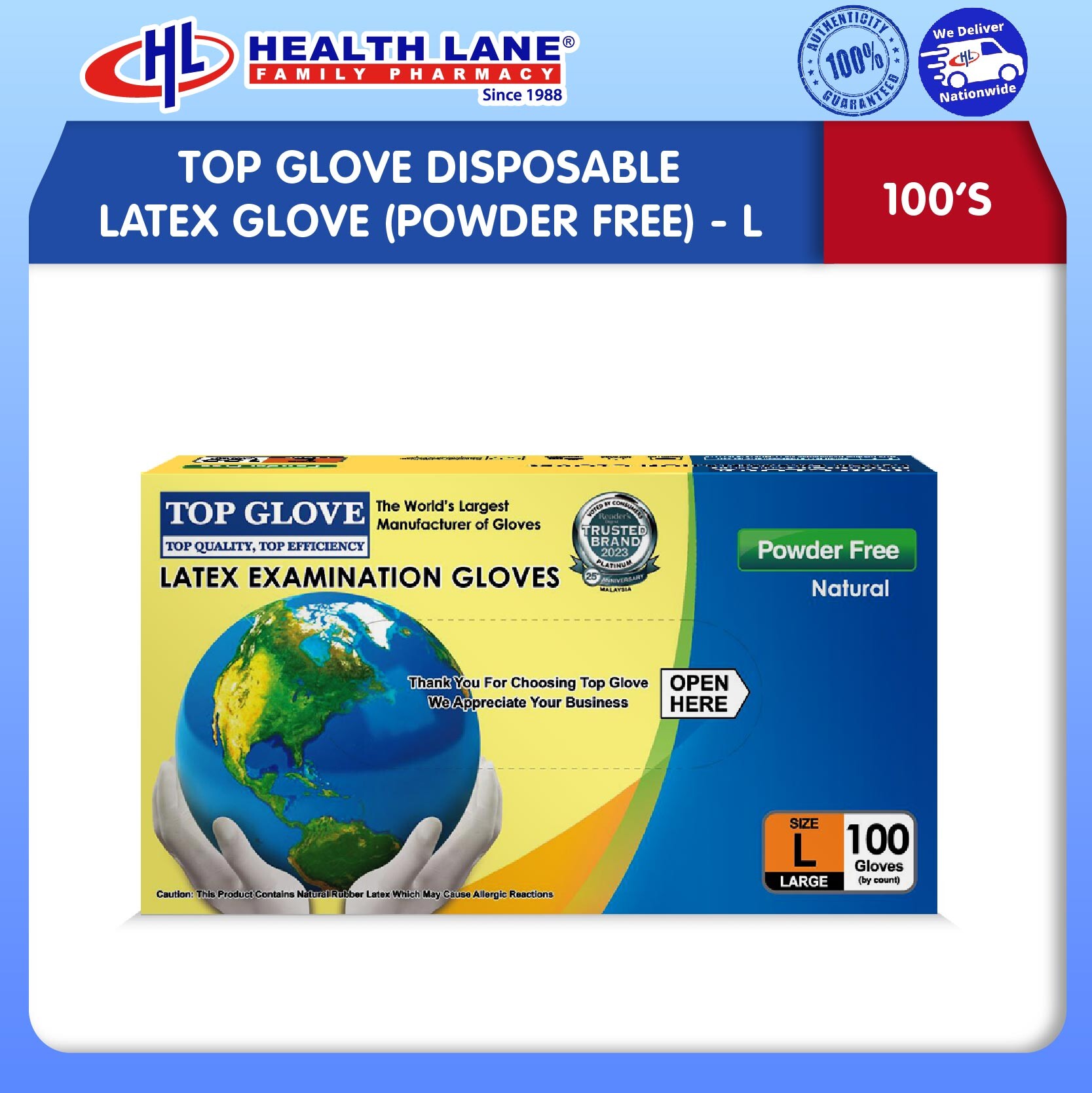 TOP GLOVE EXAMINATION LATEX GLOVE (POWDER FREE) 100'S - L